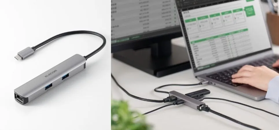 ELECOM製のUSB Type-Cハブの画像。ノートパソコンに接続され、モニターや他のデバイスを接続している様子が写っています。